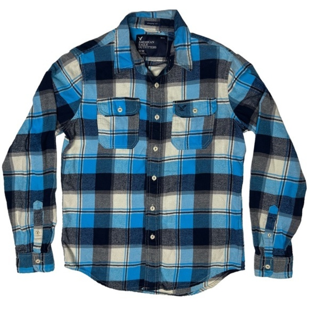 American Eagle Men’s M Athletic Fit Blue Plaid Flannel Button Up Shirt Preppy